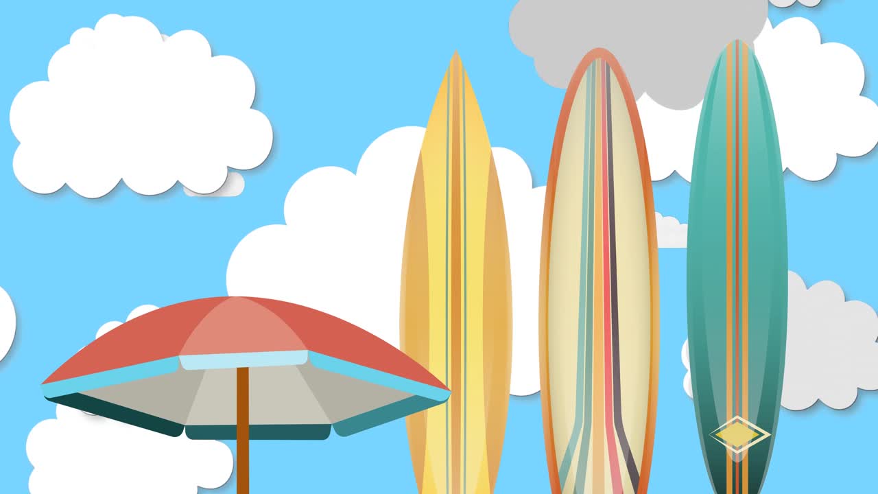 animación de paraguas y tablas de surf sobre el cielo con nubes en movimiento