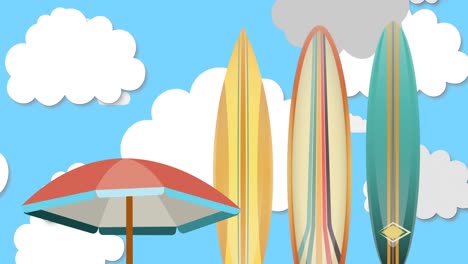 Animation-Von-Regenschirmen-Und-Surfbrettern-über-Dem-Himmel-Mit-Sich-Bewegenden-Wolken