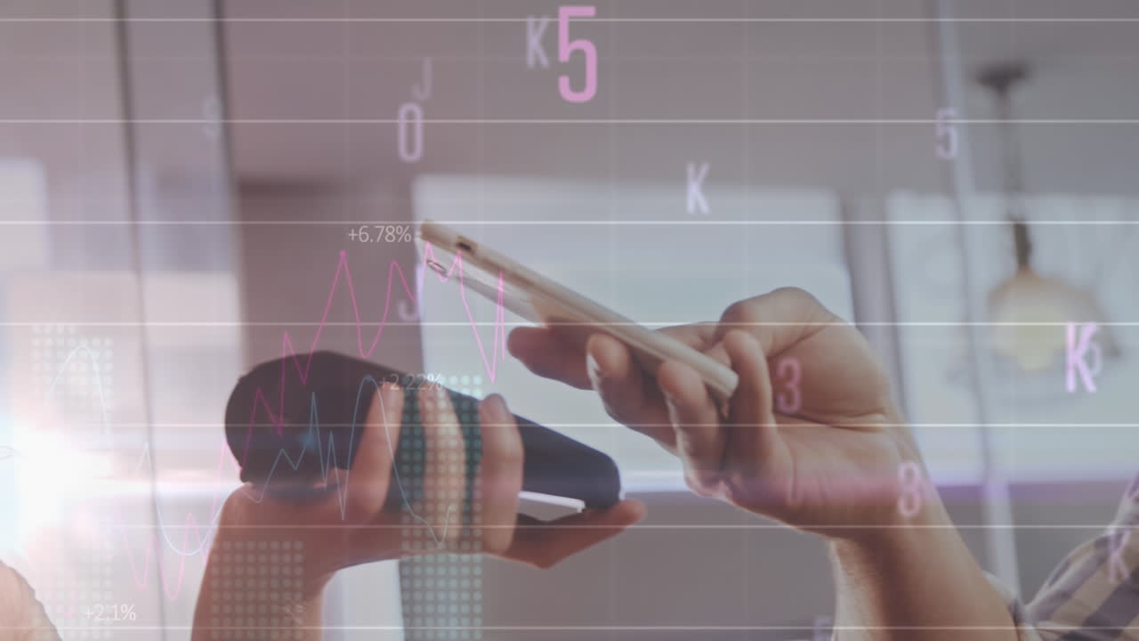 Animation of numbers changing over caucasian man and woman using payment terminal