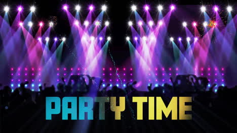 animation of party time text over stage with lights and people dancing