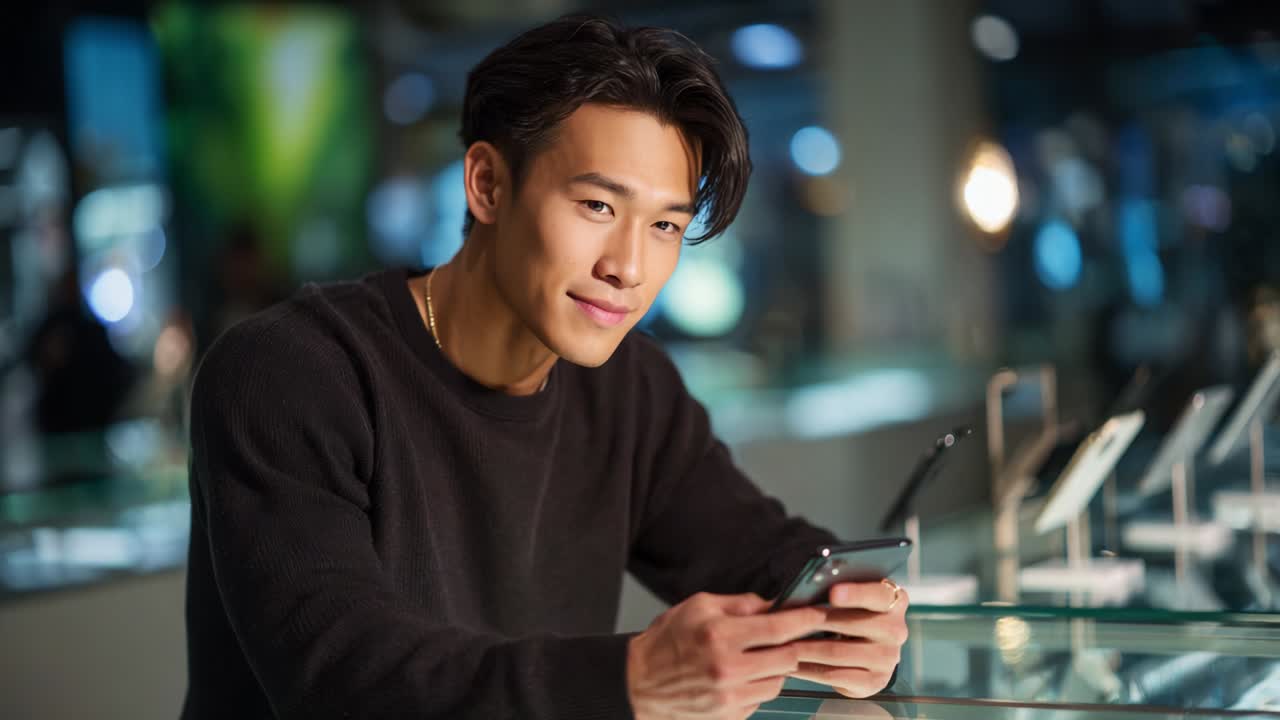 A Young Man Engaged on His Phone at a Modern Retail Setting, Exuding Confidence and Enjoyment with a Bright Smile, Captivating Viewer Attention with His Engaging Presence While Exploring Digital Content