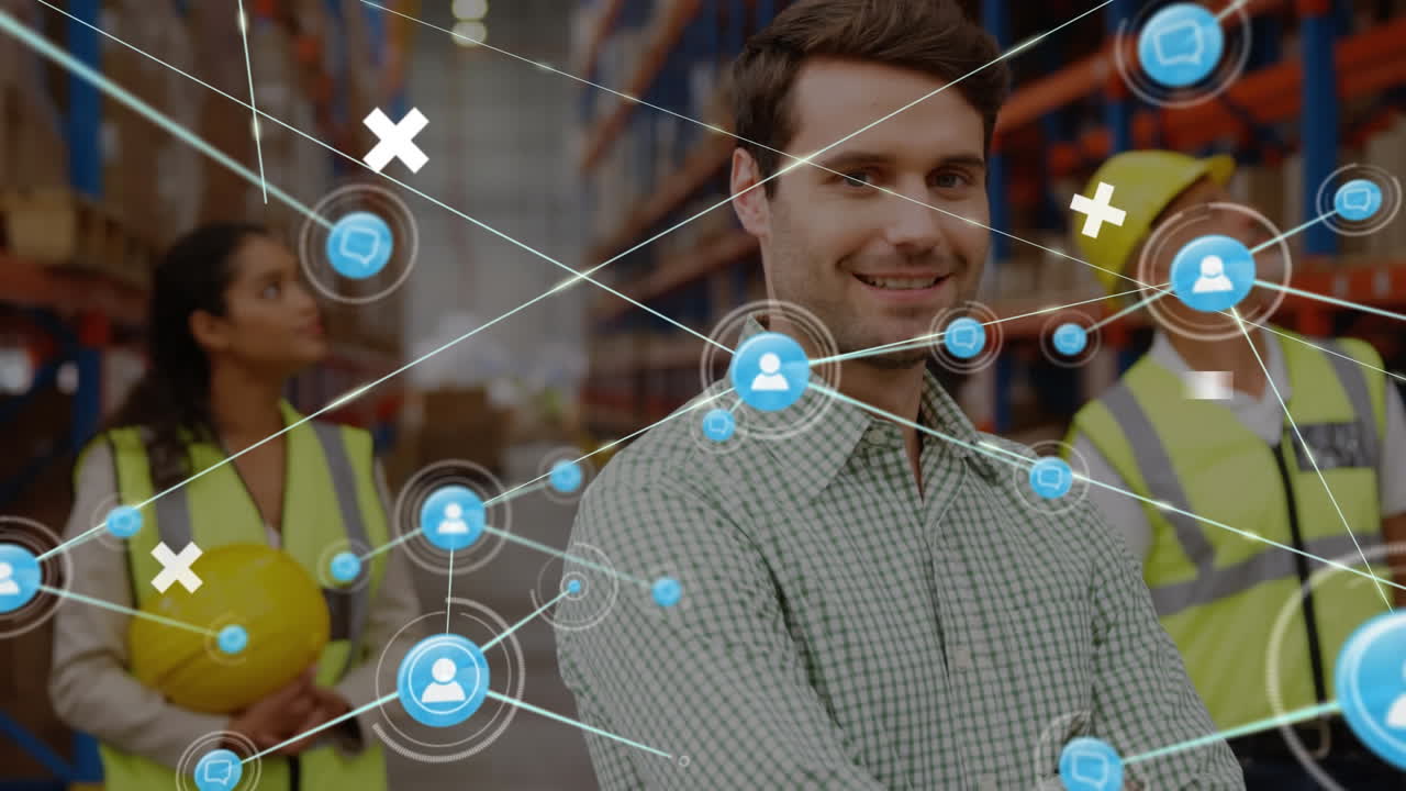 animación de la red de conexiones entre diversos trabajadores en el almacén