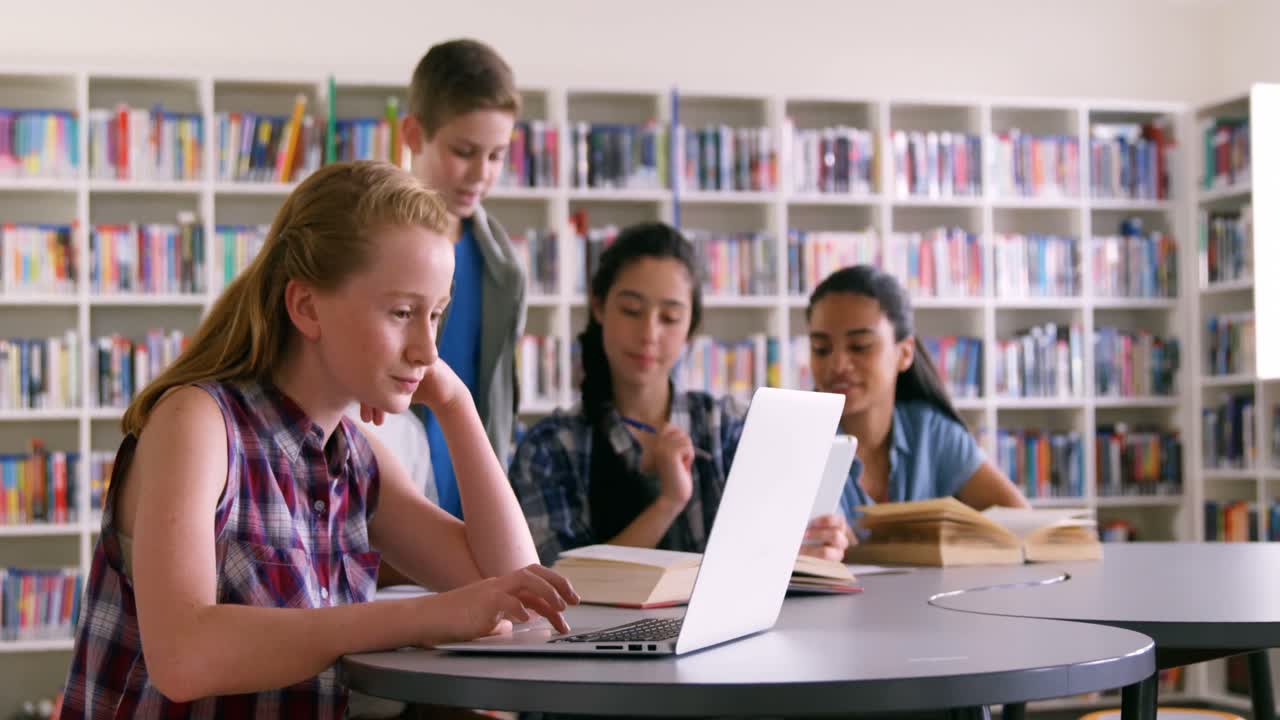 Schoolkids studying in library 4k