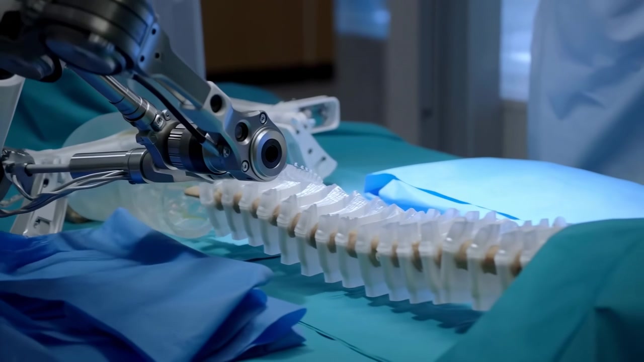 Metallic robotic tool advances along the white vertebral model while blue drapes and nearby equipment remain fixed, with cool clinical lighting and a close side view.