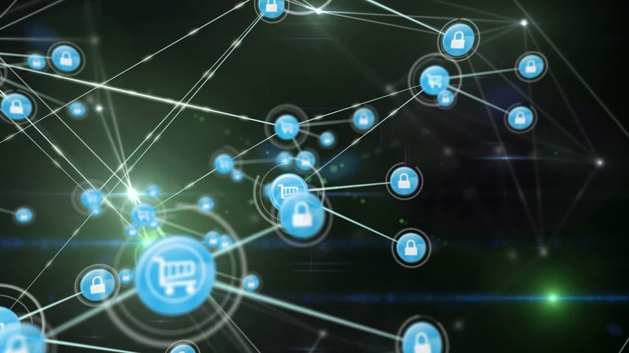 Animazione di una rete di connessioni con icone su sfondo nero e verde.
