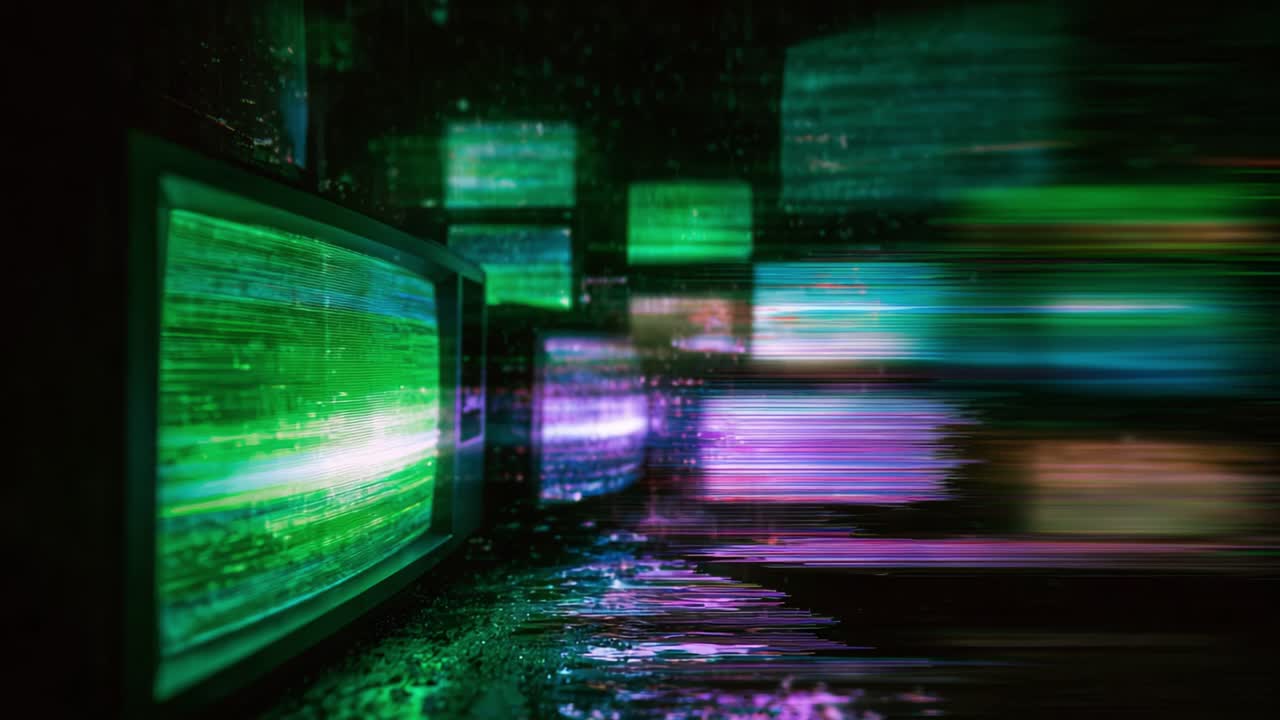 Una visualizzazione dinamica di glitch colorati e riflessi di luce da più schermi televisivi vintage in un ambiente scuro e astratto.