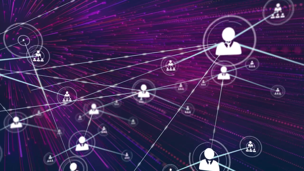Animazione di rete di connessioni con icone su sfondo scuro
