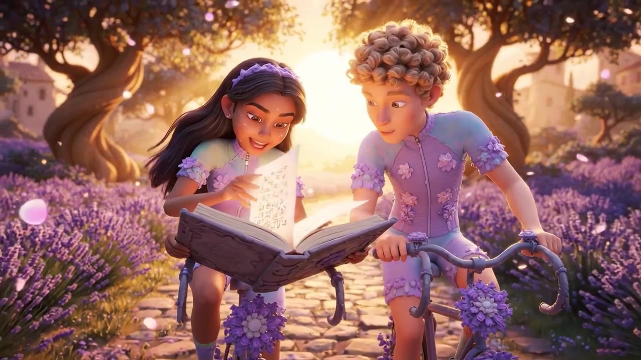 Zwei Kinder fahren bei Sonnenuntergang mit Fahrrädern durch ein wunderschönes Lavendelfeld, teilen sich ein Bilderbuch, umgeben von blühenden Bäumen und einem warmen, goldenen Licht.
