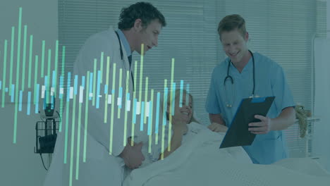 pregnant patient lying in hospital bed, medical staff reviewing chart, bar graphs overlaying