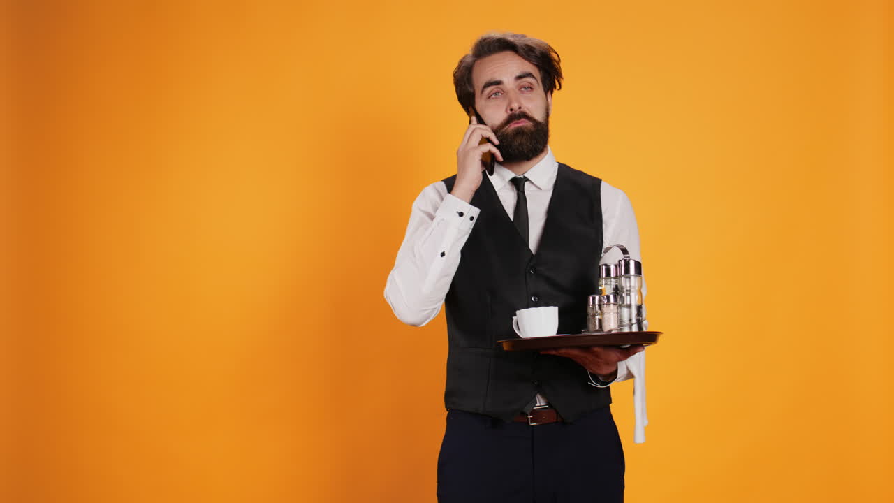 camarero de un restaurante en una llamada de teléfono inteligente