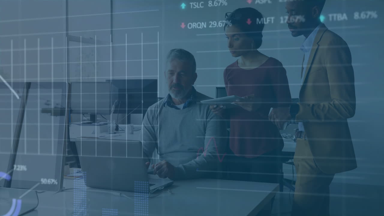 Animation of data processing and diagrams over diverse business people discussing work