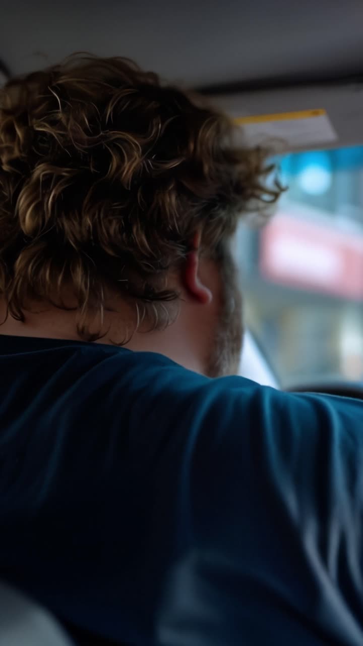 Curly brown hair frames a relaxed man's profile. He wears a blue shirt, eyes on the road ahead. The car's interior shows calm, focused motion. This shot suits urban travel, commuting