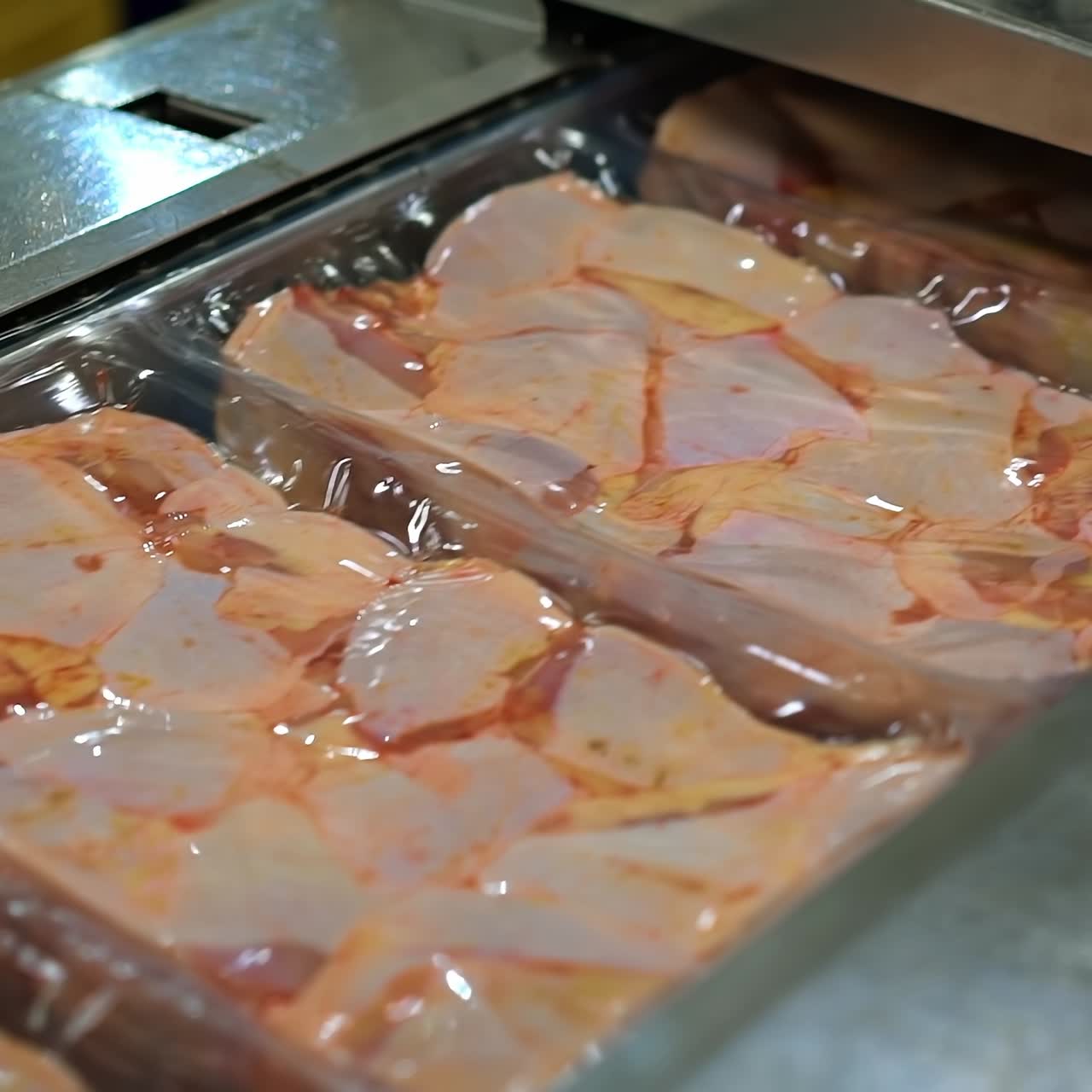 Chicken meat in refrigerator. Vacuum packages with chicken meat parts moving on a conveyor belt in the factory. Food industry