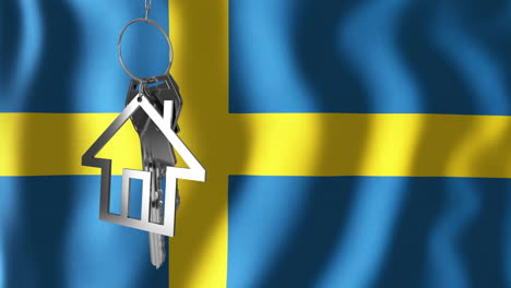 Animation of silver house key over waving flag of sweden