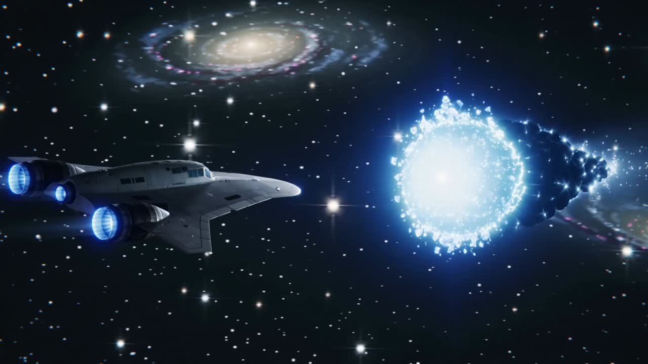 Reacting to sphere flare, starship approaching energy orb in starfield with 3 thrusters, copy space