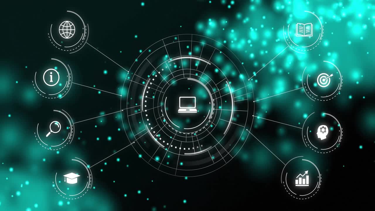 Particelle in movimento generano anelli luminosi che ruotano attorno a un portatile, con icone periferiche che pulsano mostrando un hub di dati.