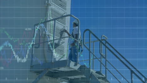 climbing industrial stairs, worker with stock market data animation overlay