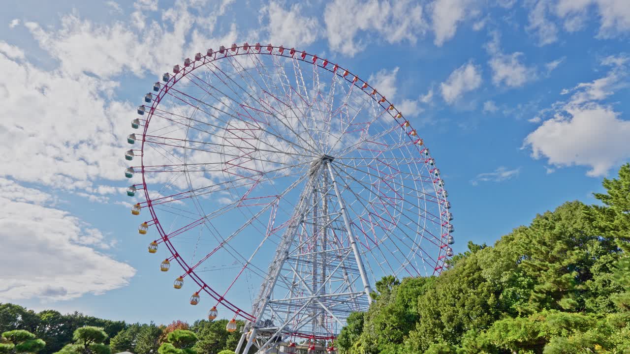 Wide low-angle view of a massive white and red Ferris wheel peaking over a cluster of vibrant green trees on a sunny, cloudy day