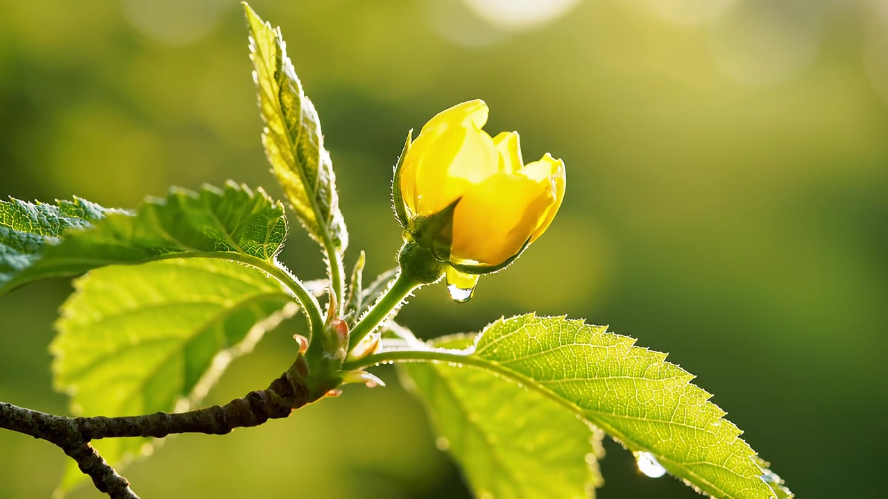 Gul blomsterknopp som blomstrer i mykt gyllent morgensollys.
