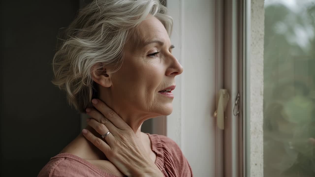 Anziana in piedi che appoggia la mano sul collo, massaggiando e respirando lentamente vicino alla finestra, in camicetta rosa.