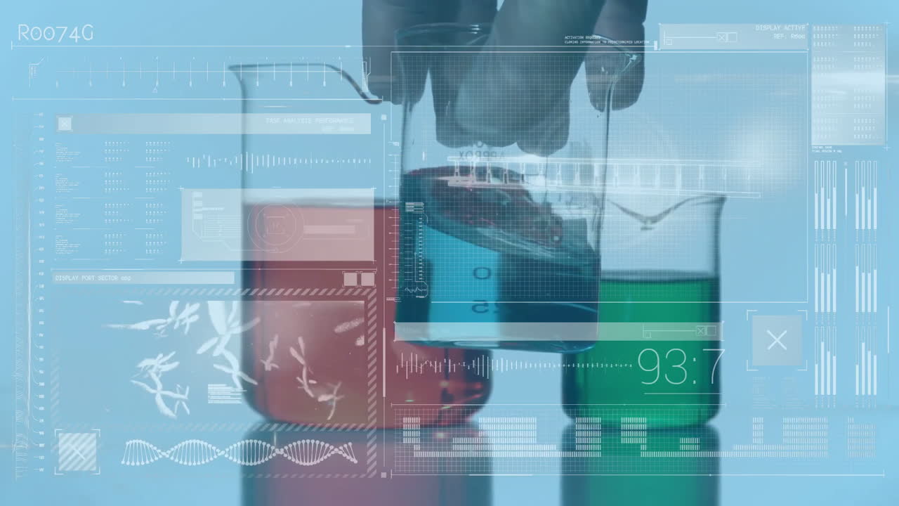 Laboratory beakers with data moving in the foreground
