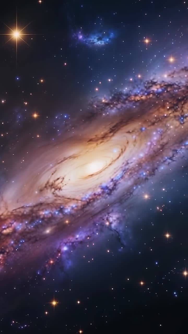Vertical video: Displaying spiral galaxy featuring bulge arms dust lanes stars and nebulas in space