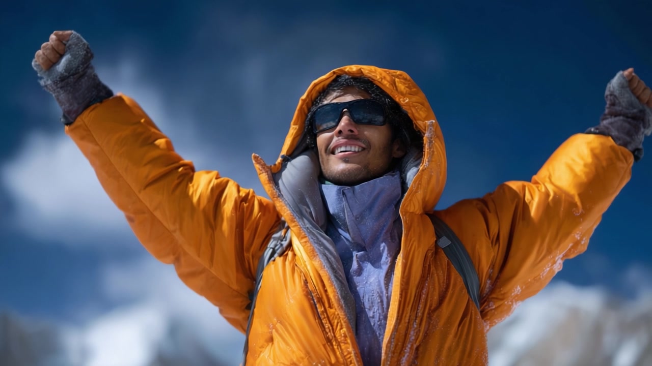 Scalatore trionfante con una giacca arancione che celebra in cima a una montagna, con le braccia alzate contro uno sfondo di cime maestose e un cielo azzurro limpido, incarnando la vittoria