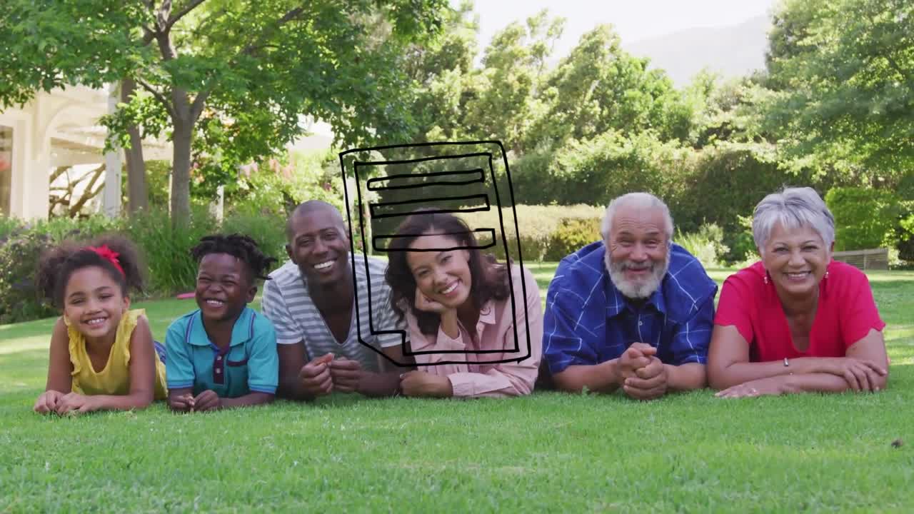 Animation of notebook icon over diverse family smiling