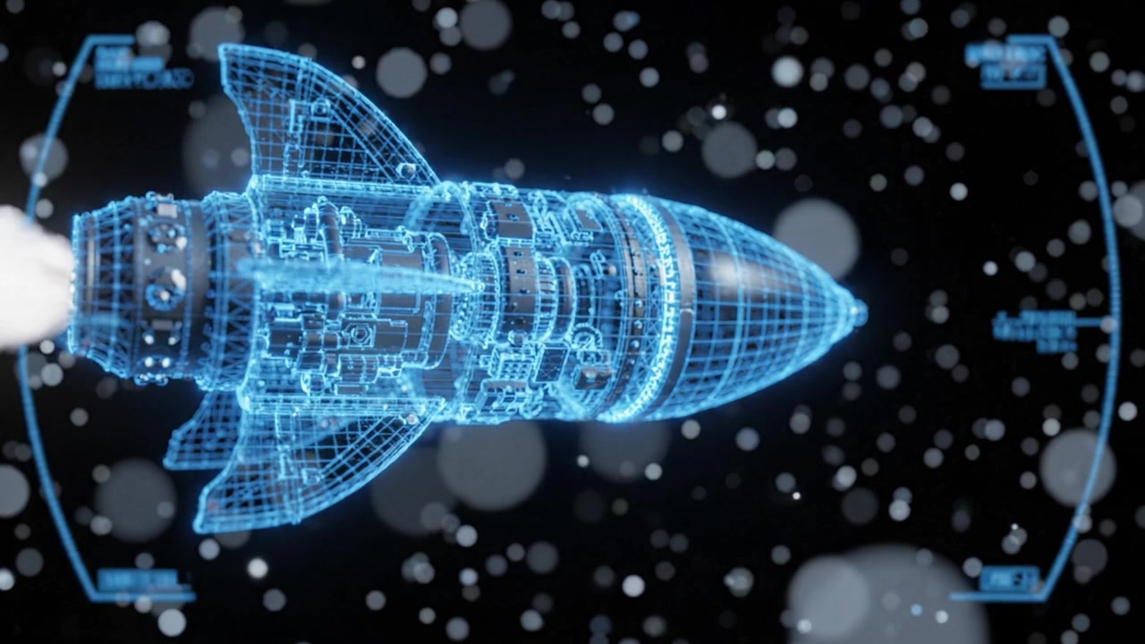 Futuristic Missile: 3D Render Showing Detailed Internal Mechanics of a Rocket in Flight through a Starry Space Environment with Glowing Blue Hues and Digital Effects
