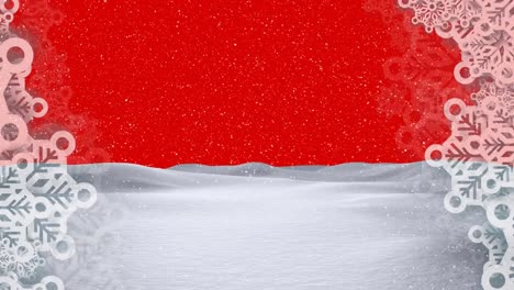 Animation-of-winter-scenery-with-winter-frame-on-red-background