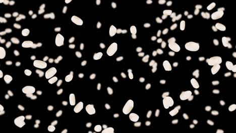 volando mucho arroz en fondo negro. granos de arroz blanco. arroz glutinoso. vegetariano. comida saludable. animación de bucle 3d de arroz girando.
