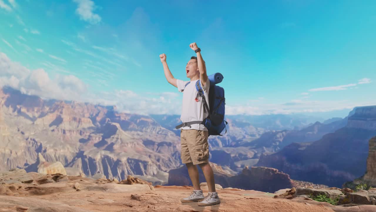 Full Body Side View Of Asian Male Hiker With Mountaineering Backpack Screaming Goal Celebrating The Success While Traveling At The Top Of Mountain