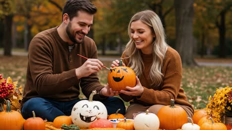 couple painting pumpkins for fall