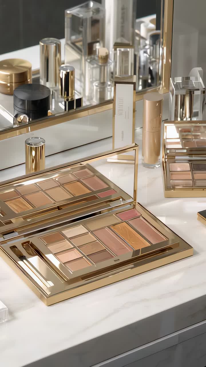 Video verticale: camera che si sposta mostrando una palette color oro aperta su un piano di marmo, specchio che riflette dei tubi