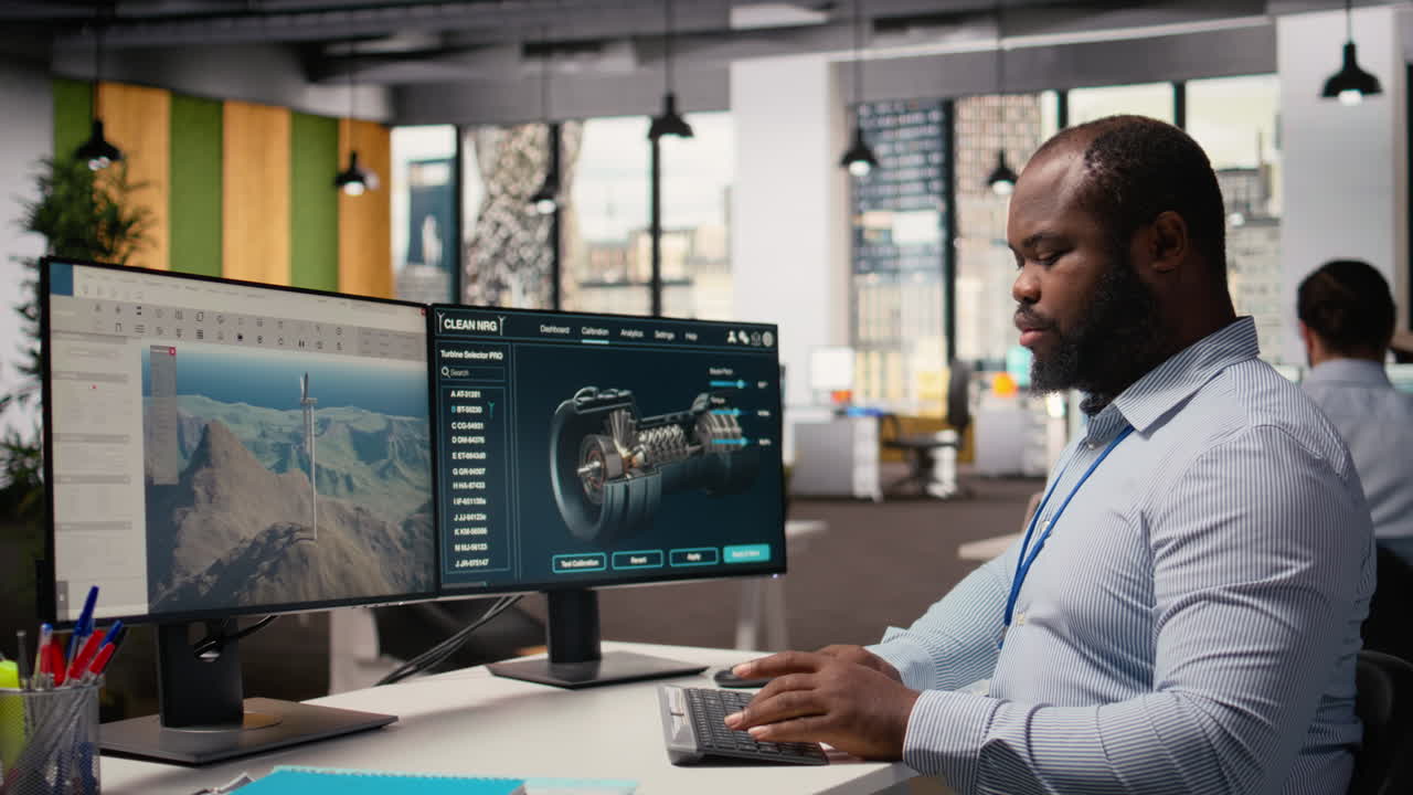 Engineer In Office Works On Wind Turbine Cad Design, Sustainable Energy Research