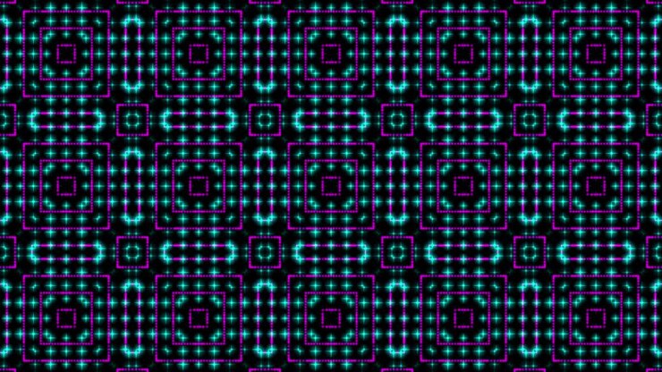 Animated illustration light shinning pink and blue dots and stars square shapes.