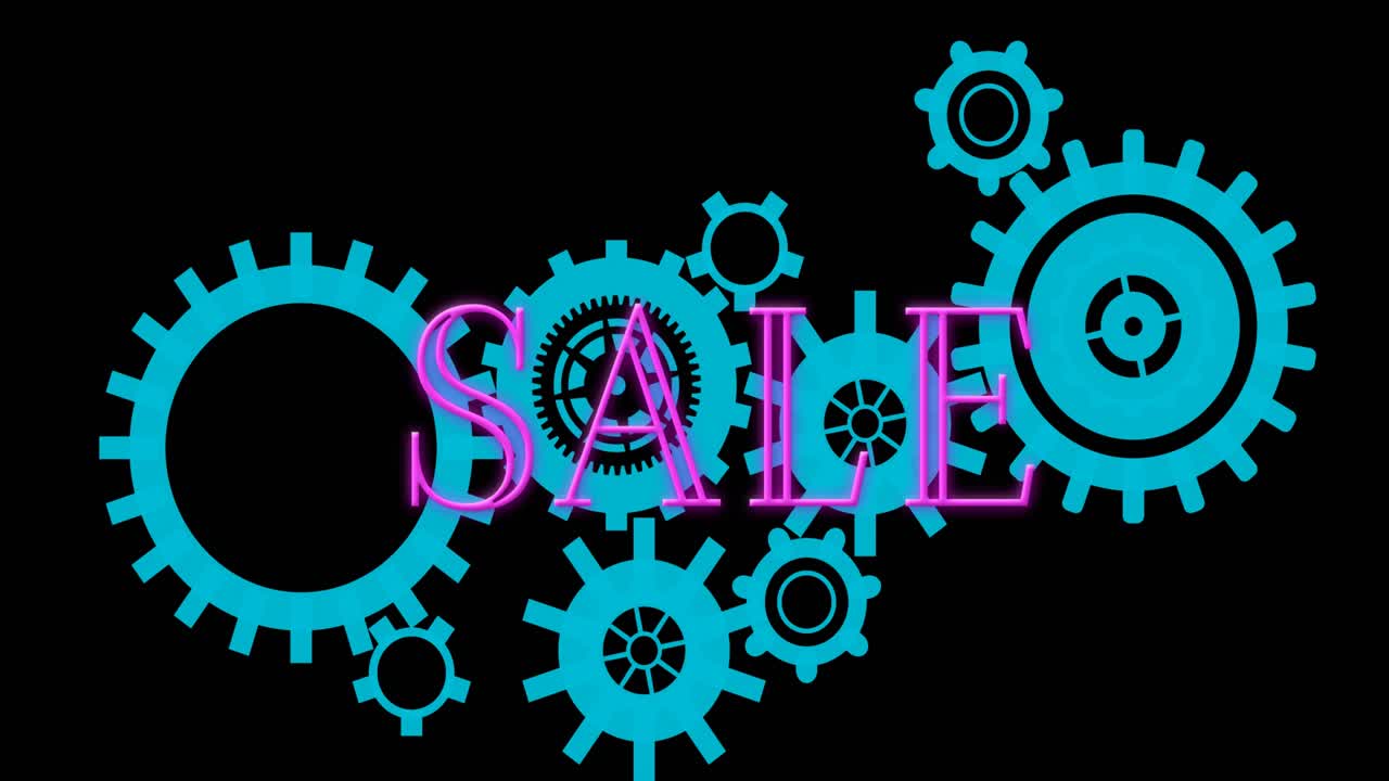 Animation of sale text over gears on dark background