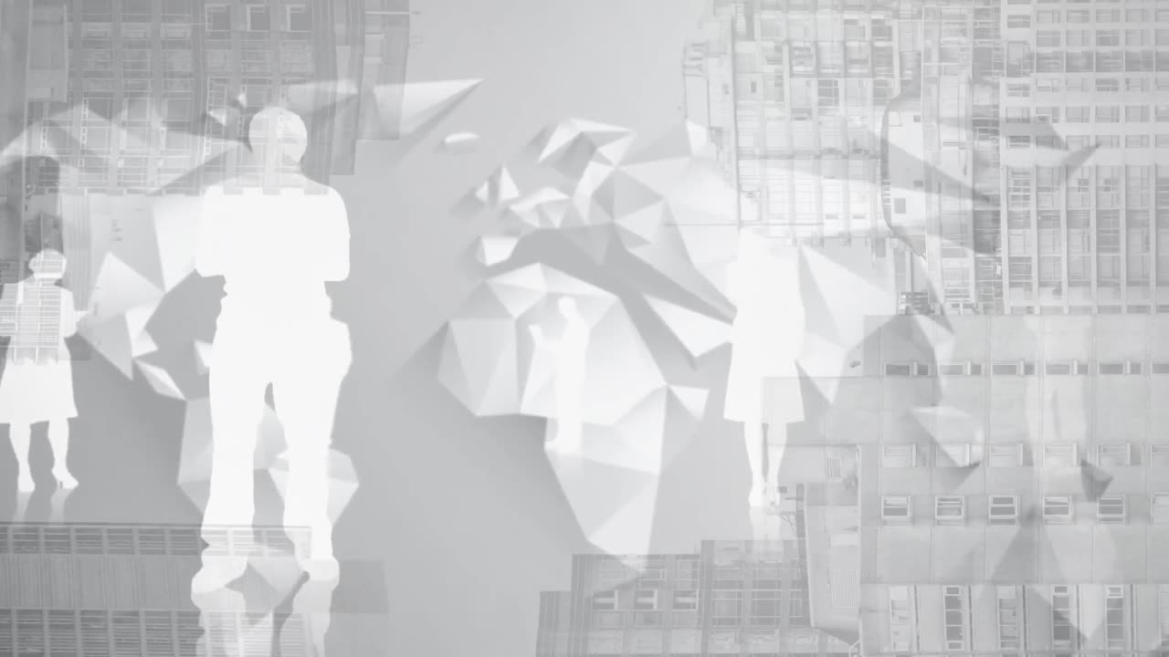 건물 위의 사람들의  그림자와 추상적인 패턴의 애니메이션