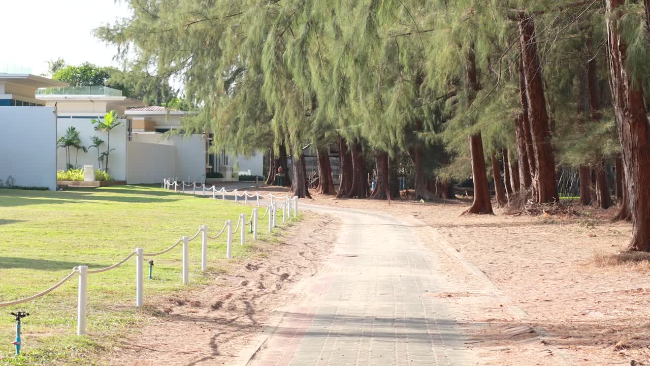 A tranquil pathway lined with trees and white fences at Mai Khao Beach, Phuket, captured in bright daylight