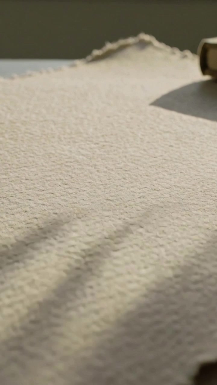 Video verticale: Telecamera che si inclina mostrando un foglio beige strappato su un tavolo vicino a una finestra, catturando i raggi di luce per la texture.