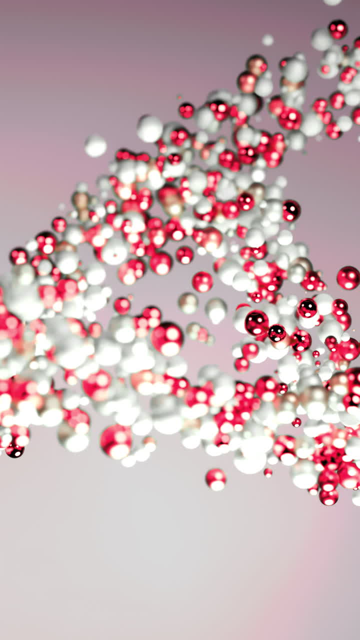 Floating Red And White Particles Forming Helix Strand, Microscopic Beads Swirl In Scientific Spiral With Airy