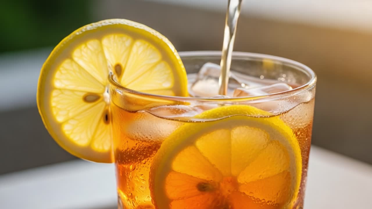 Refreshing Beverage Featuring Ice Cubes and Lemon Slices in a Clear Glass, Bathed in Warm Sunlight, Perfect for Hot Days and Relaxing Moments