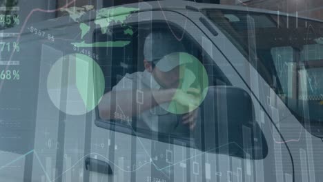 animación del procesamiento de datos sobre el hombre que sale del coche