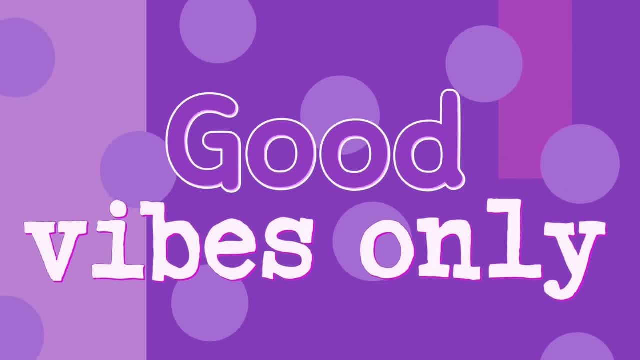 animación de texto, sólo buenas vibraciones, en púrpura y blanco, en lila y púrpura con puntos lila