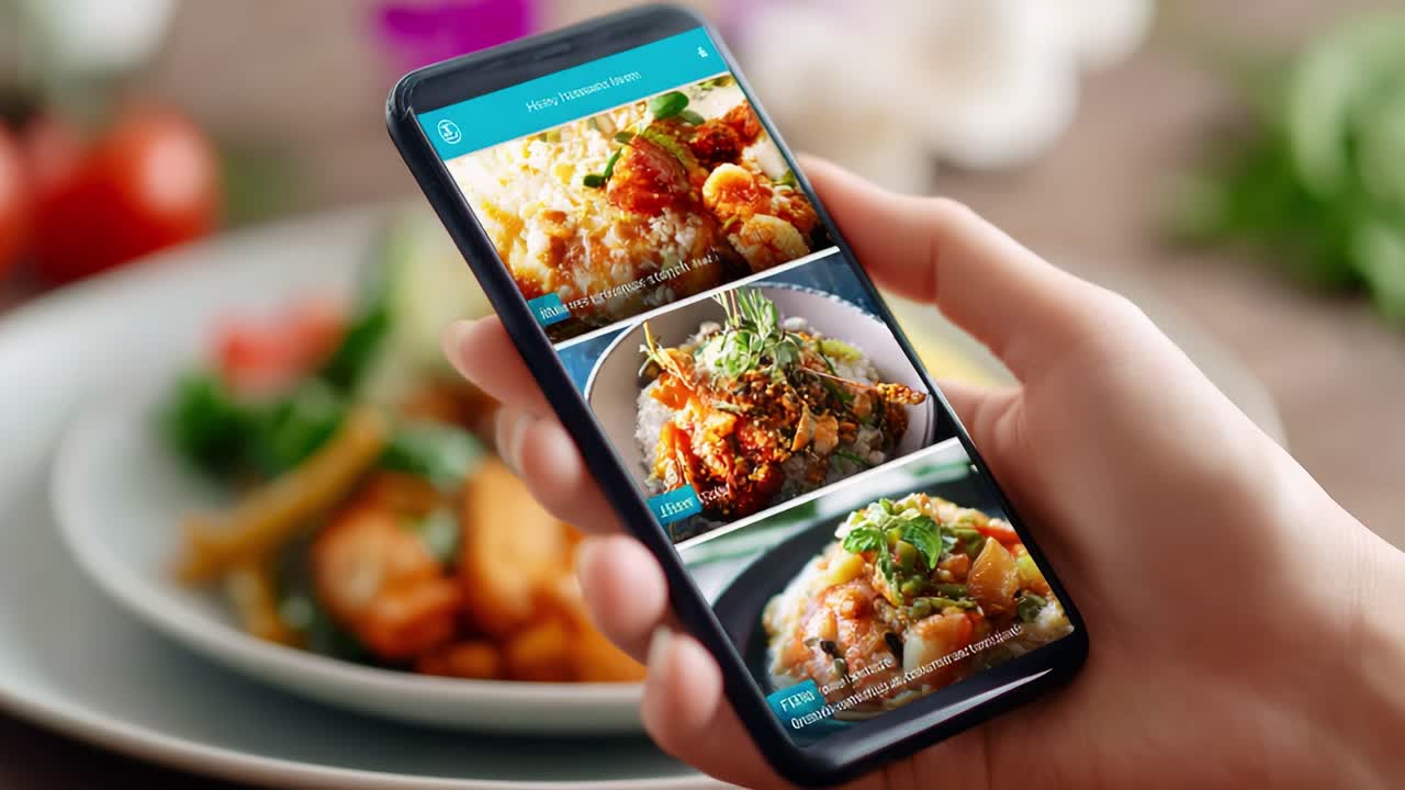 Exploring Delicious Meals: A Hand Holding a Smartphone Displaying Tantalizing Food Options, Perfect for Anyone Searching for Their Next Great Meal to Enjoy or Cook