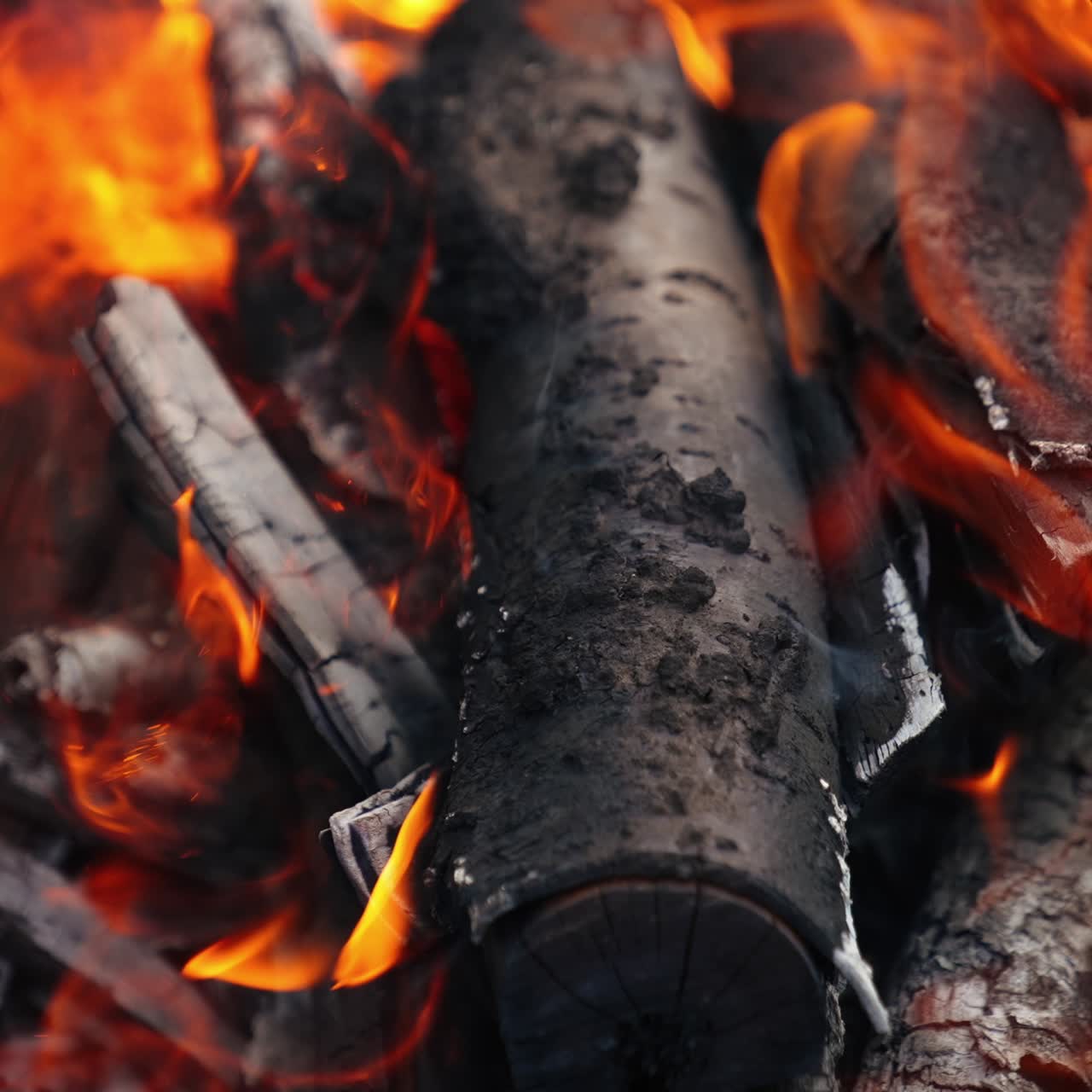 Charcoal in orange flame. Burning out wooden logs in campfire. Embers of wood for barbecue. Smoldered logs background. Close-up