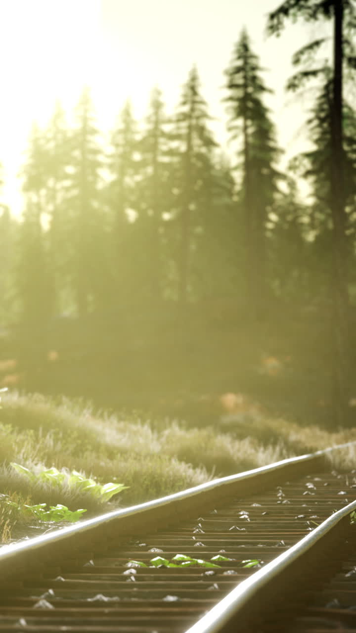 железнодорожные пути через лес с золотым солнечным светом