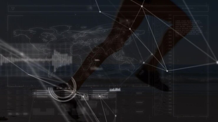 Animation of network of connections with icons over dark background