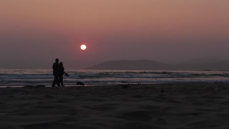 Pareja-Caminando-En-Silueta-Con-Perro-En-La-Playa-Durante-La-Puesta-De-Sol-Dorada