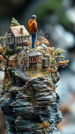 miniature figure stands atop a rocky cliff beside detailed houses